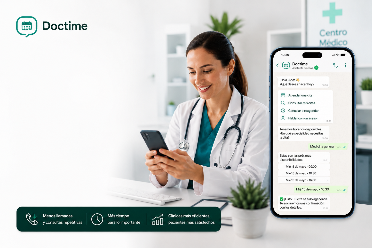 Interfaz de Doctime para gestión de citas médicas por WhatsApp